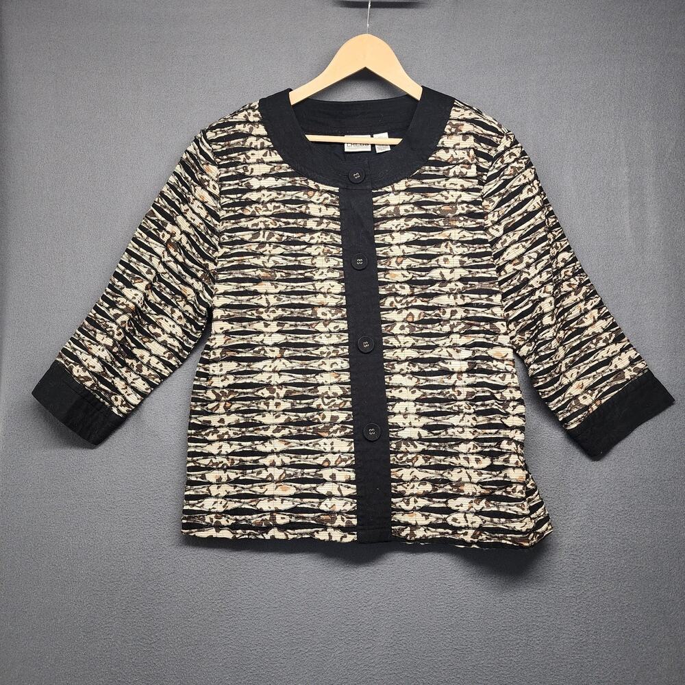Chico's Jacket Womens Sz 3 US XL Black Beige Textured Animal Print Button Front